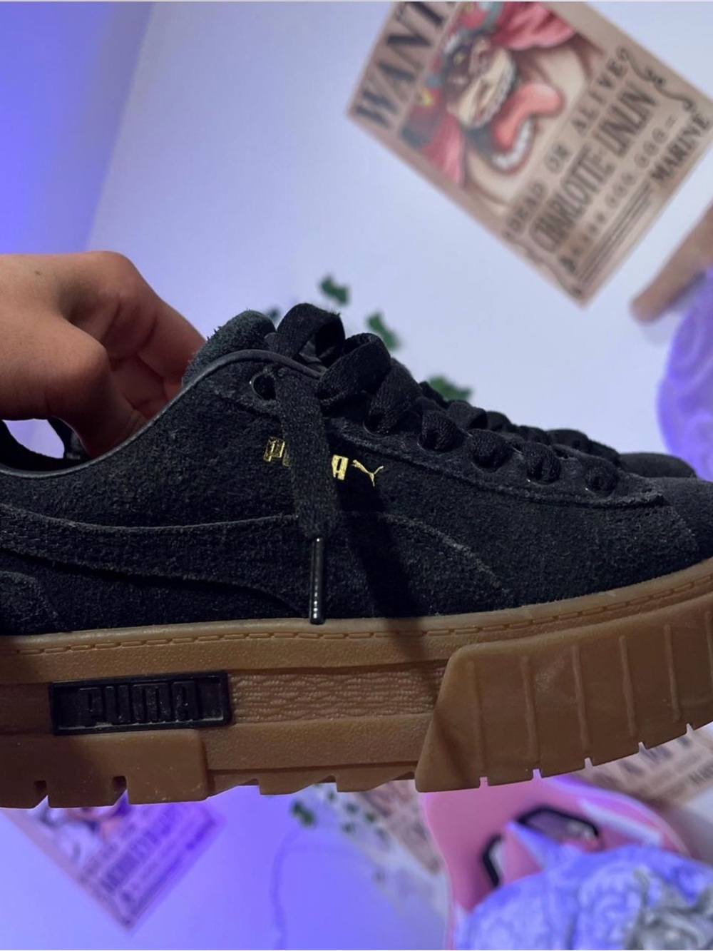 Puma Black Platform Sneakers with Brown Gum Sole